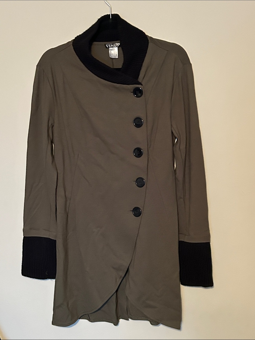 VENUS Olive Green Long-Sleeve Asymmetric Button Jacket with Black Trim